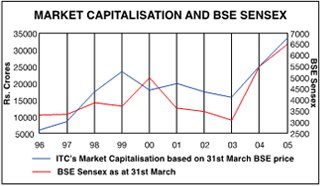 Image of graph displaying market capitalisation and BSE sensex for the year from 1996 to 2005